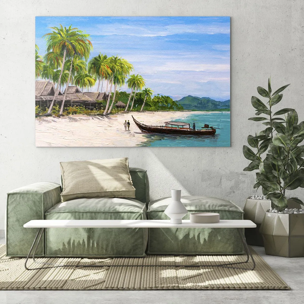 Quadro su vetro - Spiaggia tropicale con una barca e palme accanto alle capanne tradizionali - 120x80cm - Sogno esotico - Decorazione murale moderna per soggiorno e camera da letto ARTTOR