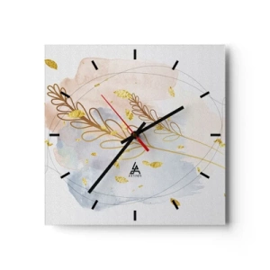 Orologio da parete - Orologio in Vetro - Un delicato motivo a foglia dorata su uno sfondo pastello con dettagli acquerellati. - 30x30cm - Soffio d'oro - Decorazione murale moderna per soggiorno e camera da letto ARTTOR