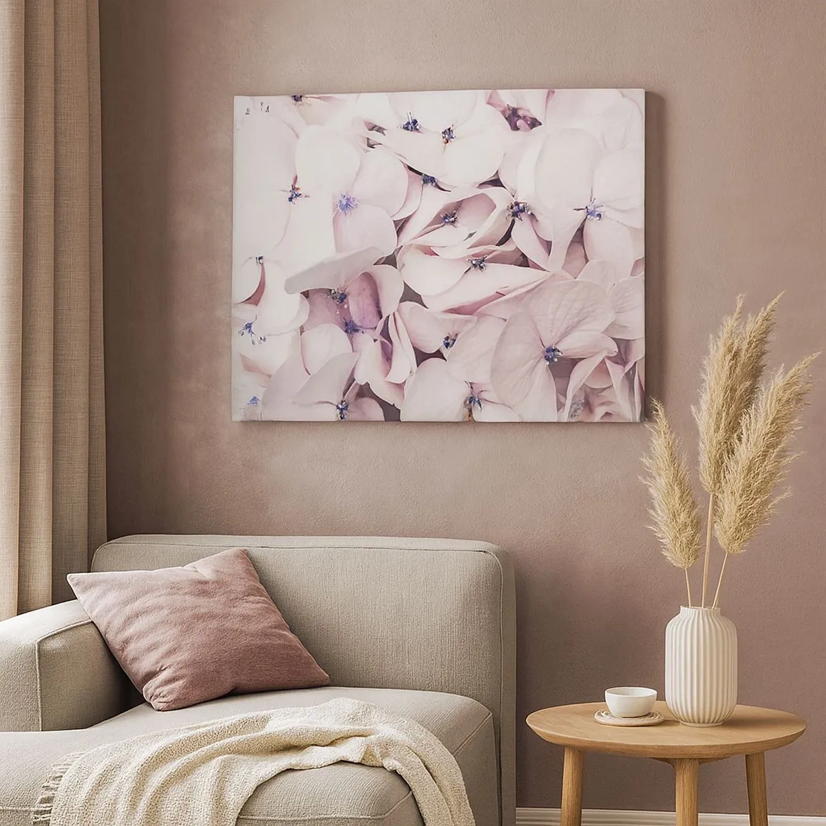 Quadro su tela - Stampe su Tela - Delicate ortensie bianche in tonalità pastello - 70x50cm - Un'alluvione di fiori - Decorazione murale moderna per soggiorno e camera da letto ARTTOR