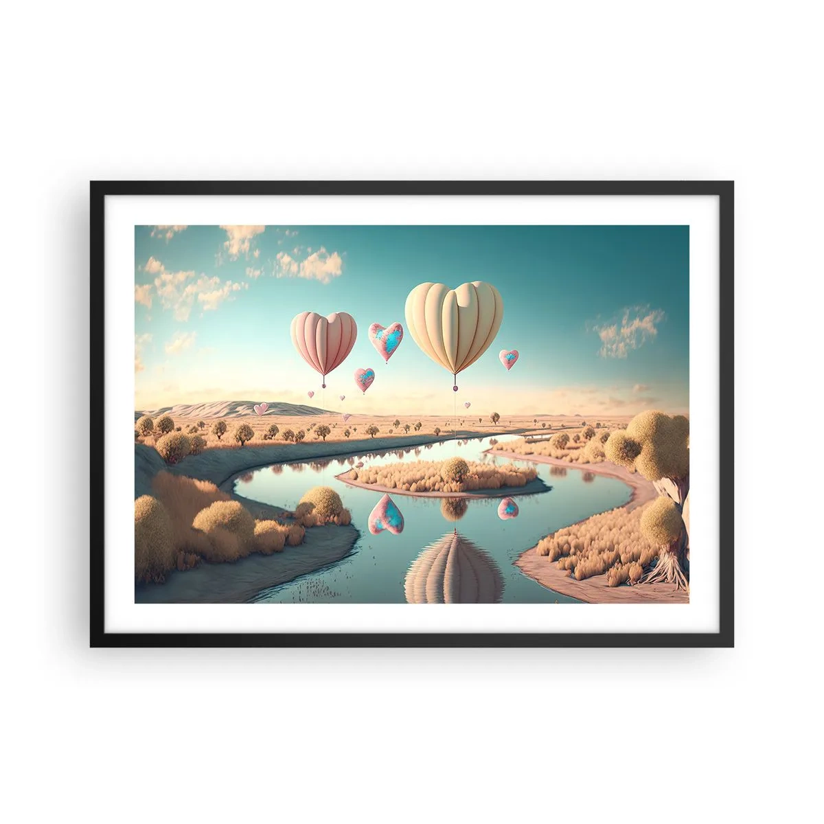 Poster in cornice nera - Palloncini a forma di cuore che fluttuano sopra il paesaggio - 70x50cm - L'amore permette di volare - Decorazione murale moderna per soggiorno e camera da letto ARTTOR