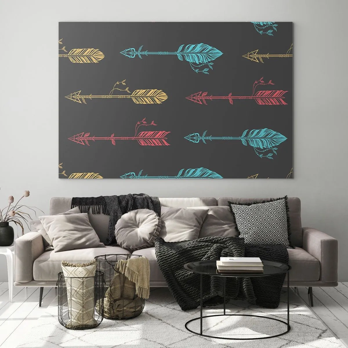 Quadro su vetro - Frecce colorate su sfondo scuro in un layout grafico - 70x50cm - In ordine - Decorazione murale moderna per soggiorno e camera da letto ARTTOR