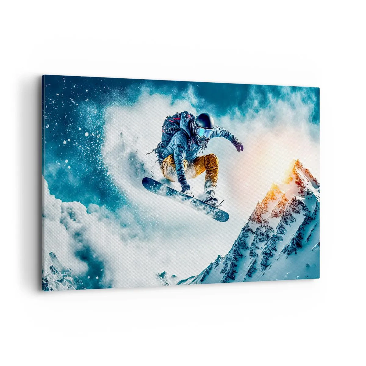 Quadro su tela - Stampe su Tela - Uno snowboarder vola sopra le montagne innevate - 120x80cm - Emozioni estreme - Decorazione murale moderna per soggiorno e camera da letto ARTTOR