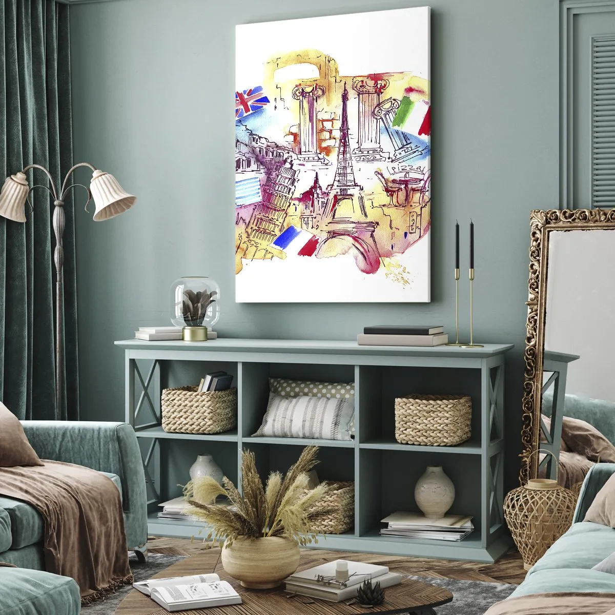 Quadro su tela - Stampe su Tela - Acquerello di simboli europei con bandiere nazionali - 50x70cm - Tournée europea - Decorazione murale moderna per soggiorno e camera da letto ARTTOR
