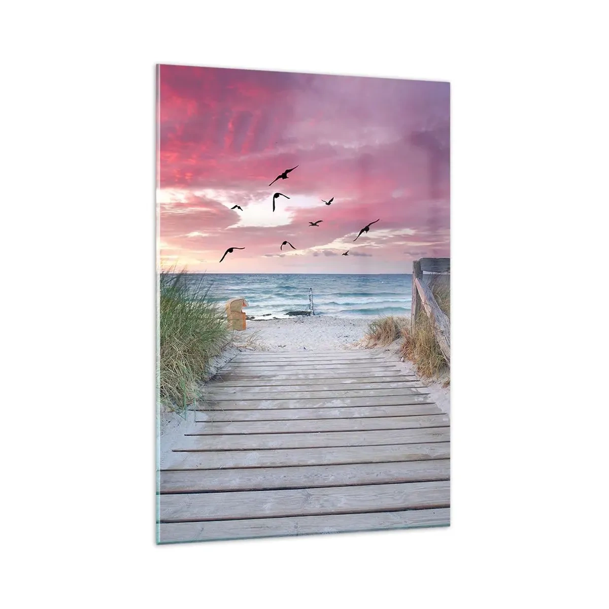 Quadro su vetro - Sentiero in legno sulla spiaggia al tramonto rosa - 80x120cm - Impressioni baltiche - Decorazione murale moderna per soggiorno e camera da letto ARTTOR