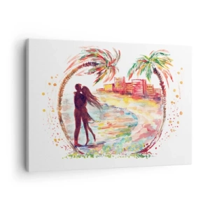 Quadro su tela - Stampe su Tela - Scena romantica di coppia su una spiaggia con palme in acquerello - 70x50cm - Vacanze romantiche - Decorazione murale moderna per soggiorno e camera da letto ARTTOR