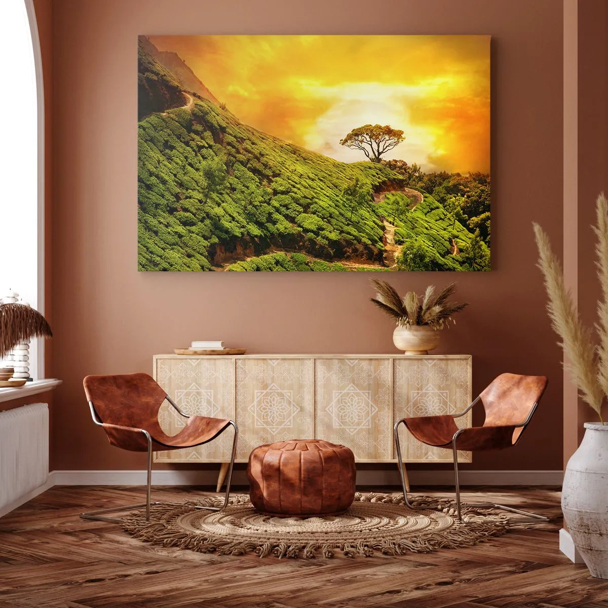 Quadro su tela - Stampe su Tela - Verdi colline di piantagioni di tè al tramonto - 70x50cm - Sentiero tortuoso, pendio verde - Decorazione murale moderna per soggiorno e camera da letto ARTTOR