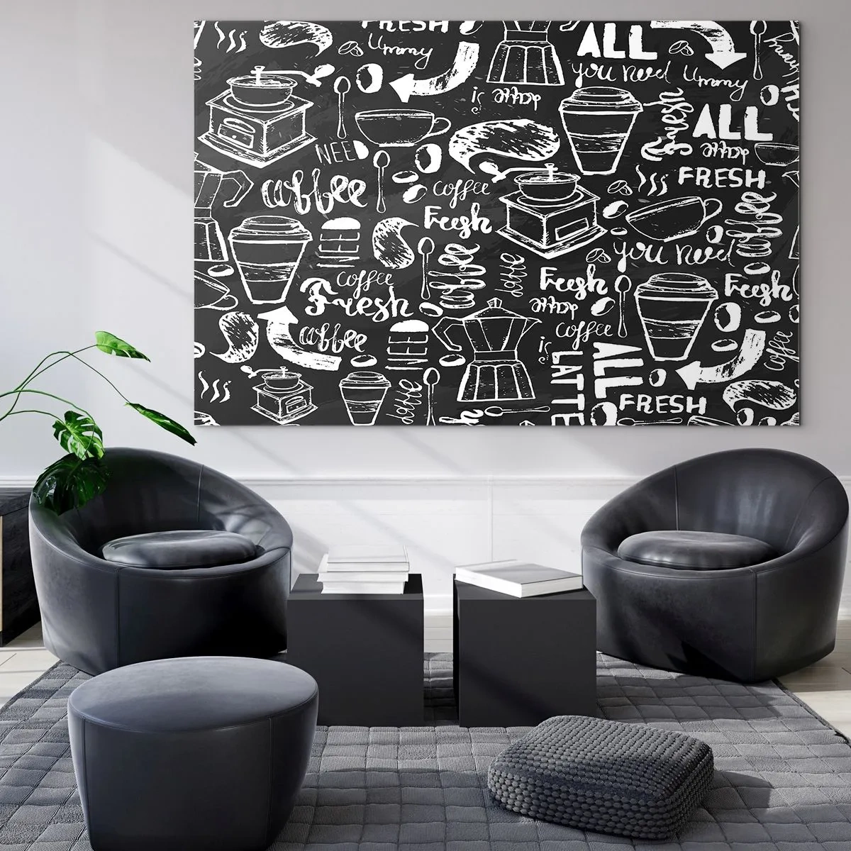 Quadro su vetro - Grafica e scritte a tema caffè su sfondo nero in stile retrò - 120x80cm - All you need is… - Decorazione murale moderna per soggiorno e camera da letto ARTTOR