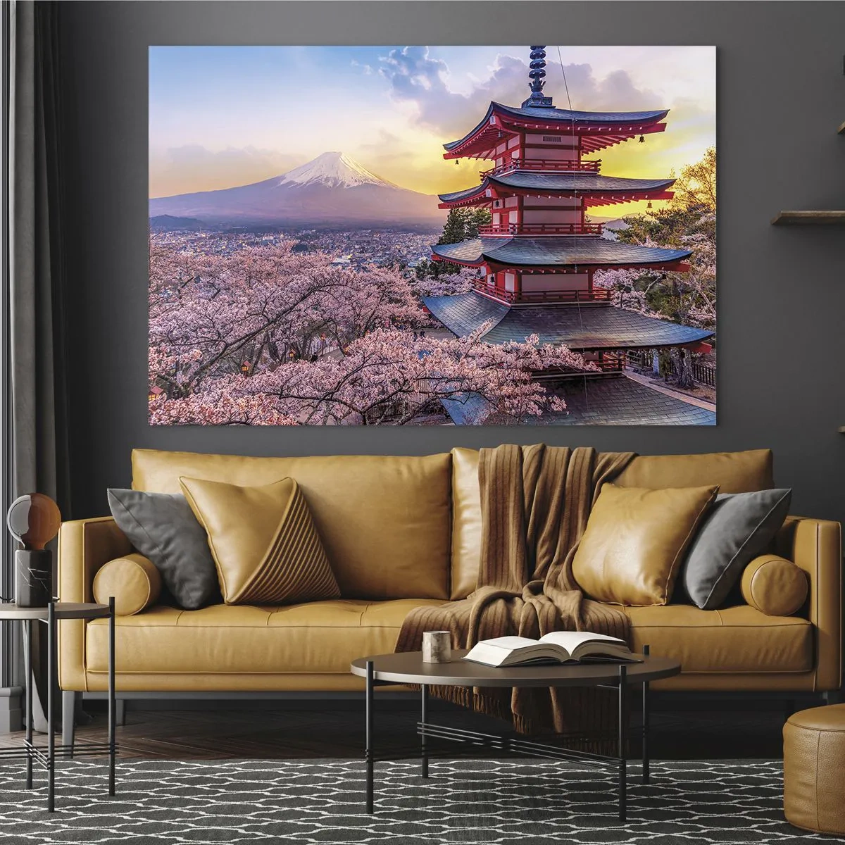 Quadro su vetro - Una pagoda in un paesaggio giapponese con vista sul Monte Fuji e sugli alberi in fiore - 100x70cm - L'essenza dell'anima giapponese - Decorazione murale moderna per soggiorno e camera da letto ARTTOR