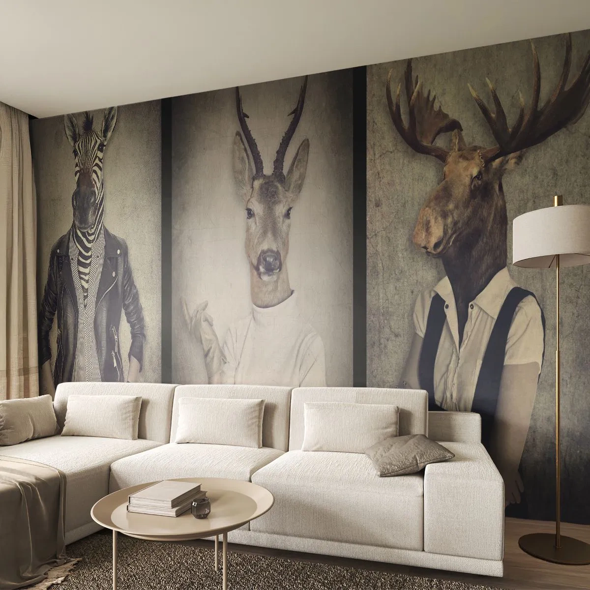 Fotomurali Premium Sand - Personaggi eleganti con teste di animali in stile retrò - 100x70cm - Facciamo parlare i gesti - Decorazione murale moderna per soggiorno e camera da letto ARTTOR
