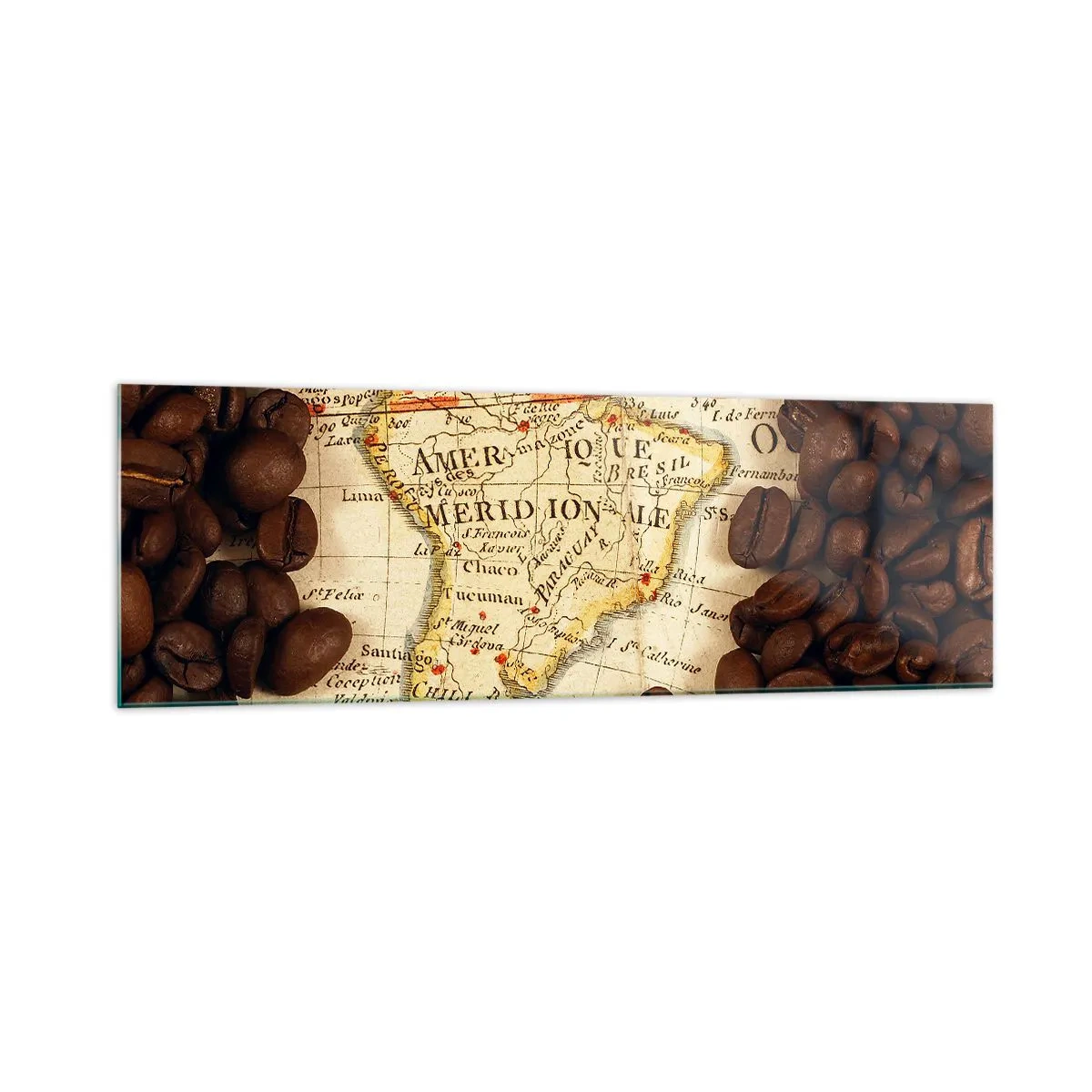Quadro su vetro - Una mappa del Sud America circondata da chicchi di caffè. - 160x50cm - Da dove viene il miglior caffè? - Decorazione murale moderna per soggiorno e camera da letto ARTTOR