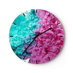 Orologio da parete - Orologio in Vetro - Combinazione astratta di colori rosa e turchese - 30x30cm - Scontro decisivo - Decorazione murale moderna per soggiorno, cucina e camera da letto ARTTOR