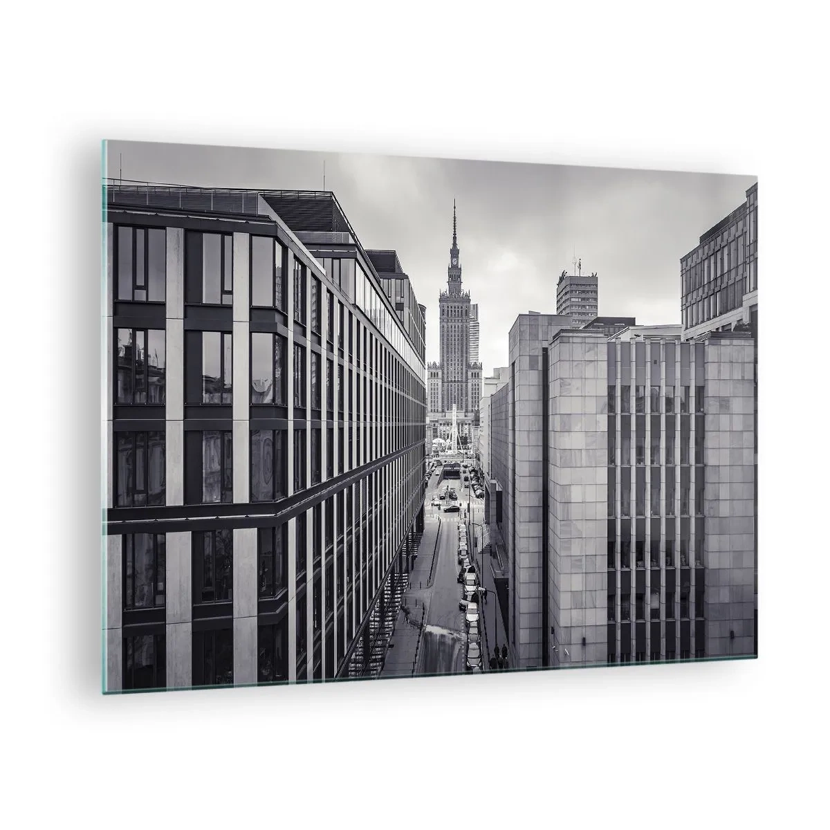Quadro su vetro - Vista della città in bianco e nero con grattacieli e una strada - 70x50cm - La valle di Varsavia - Decorazione murale moderna per soggiorno e camera da letto ARTTOR