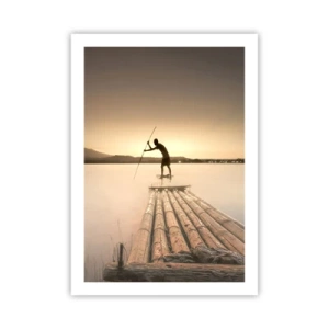 Poster - Una figura su una zattera di bambù al tramonto - 50x70cm - Prima del riposo - Decorazione murale moderna per soggiorno e camera da letto ARTTOR