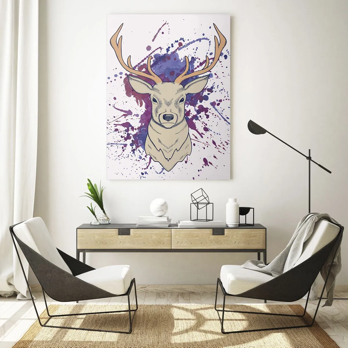 Quadro su vetro - Ritratto di un cervo con macchie astratte sullo sfondo - 70x100cm - Coraggio ed equilibrio - Decorazione murale moderna per soggiorno e camera da letto ARTTOR