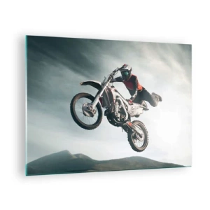 Quadro su vetro - Un motociclista esegue acrobazie in aria con le montagne sullo sfondo. - 70x50cm - No risk no fun - Decorazione murale moderna per soggiorno e camera da letto ARTTOR