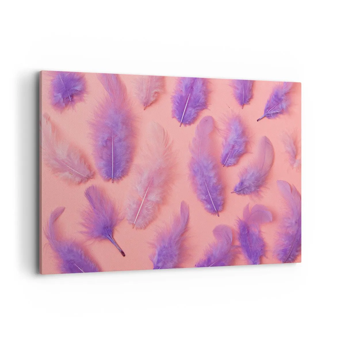 Quadro su tela - Stampe su Tela - Piume viola e rosa su uno sfondo pastello - 120x80cm - L'uccello lilla del desiderio - Decorazione murale moderna per soggiorno e camera da letto ARTTOR