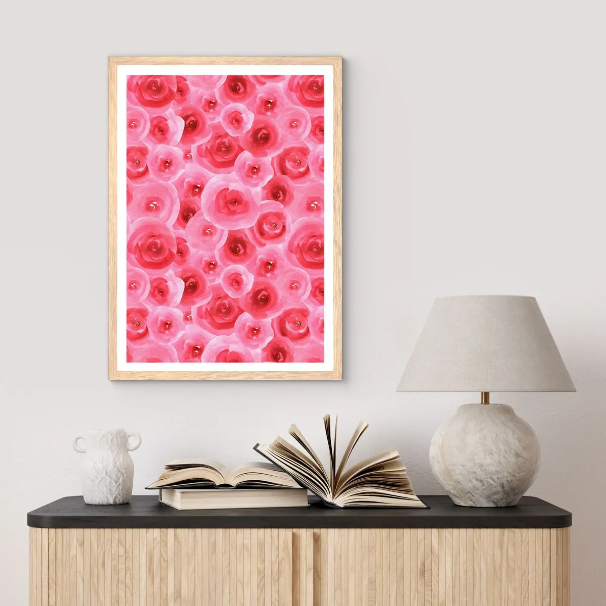 Poster in cornice rovere chiaro - Rose in alto e in basso - 70x100 cm