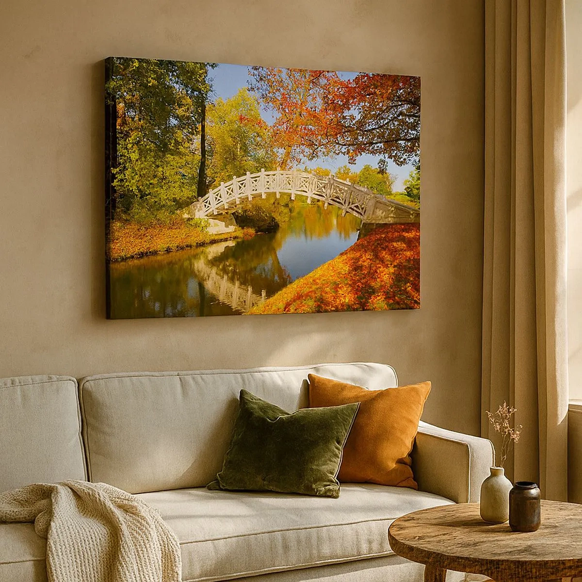 Quadro su tela - Stampe su Tela - Un ponte in un parco circondato da foglie autunnali su acque calme - 70x50cm - Sul bianco ponticello dei sospiri - Decorazione murale moderna per soggiorno e camera da letto ARTTOR