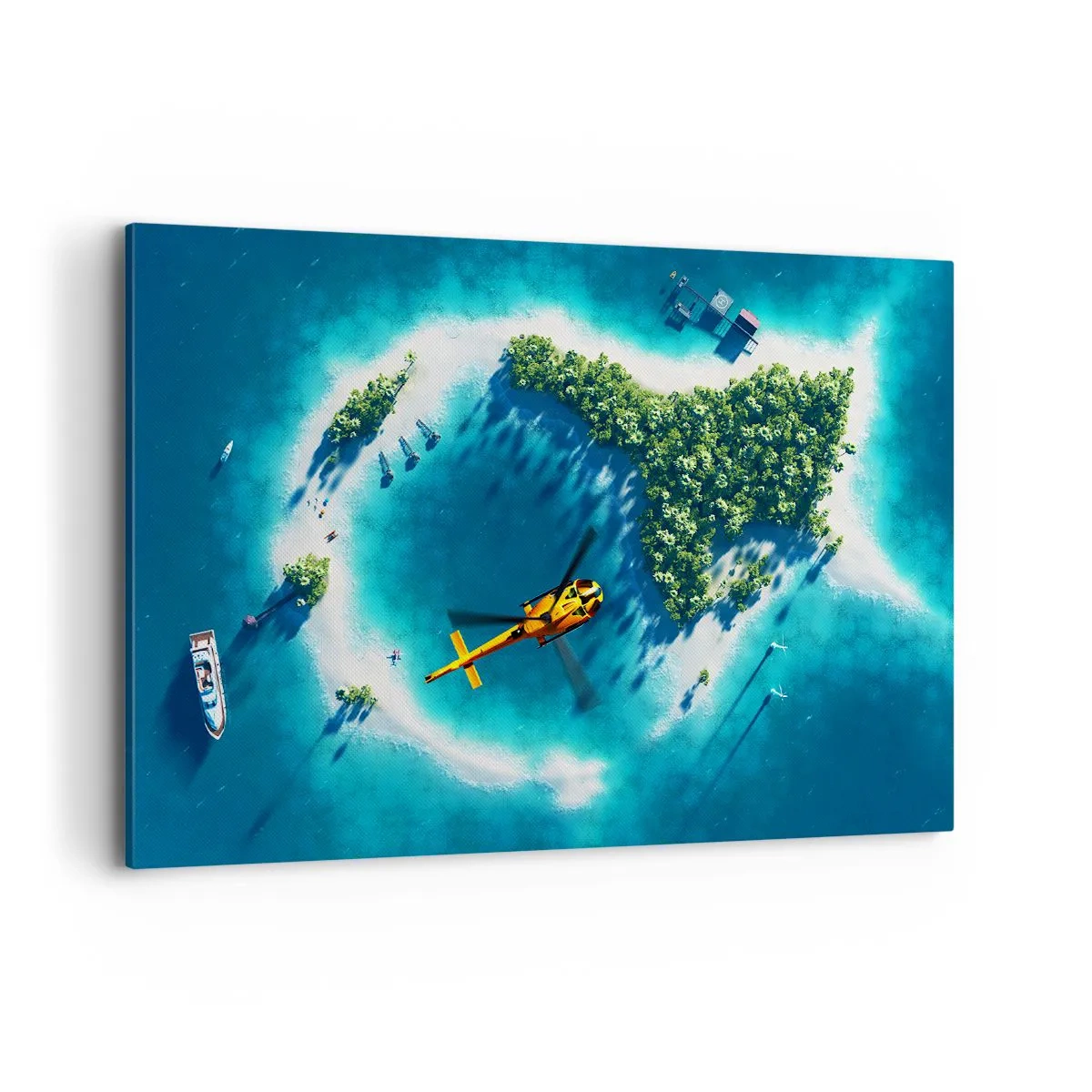 Quadro su tela - Stampe su Tela - Un'isola tropicale circondata da acque turchesi con un elicottero in vista - 100x70cm - Comprati un'isola - Decorazione murale moderna per soggiorno e camera da letto ARTTOR
