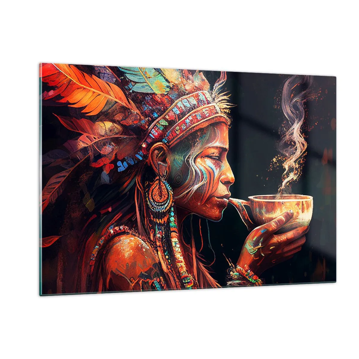 Quadro su vetro - Una figura con un copricapo piumato che beve una pozione in un'atmosfera mistica - 120x80cm - Rituale magico - Decorazione murale moderna per soggiorno e camera da letto ARTTOR