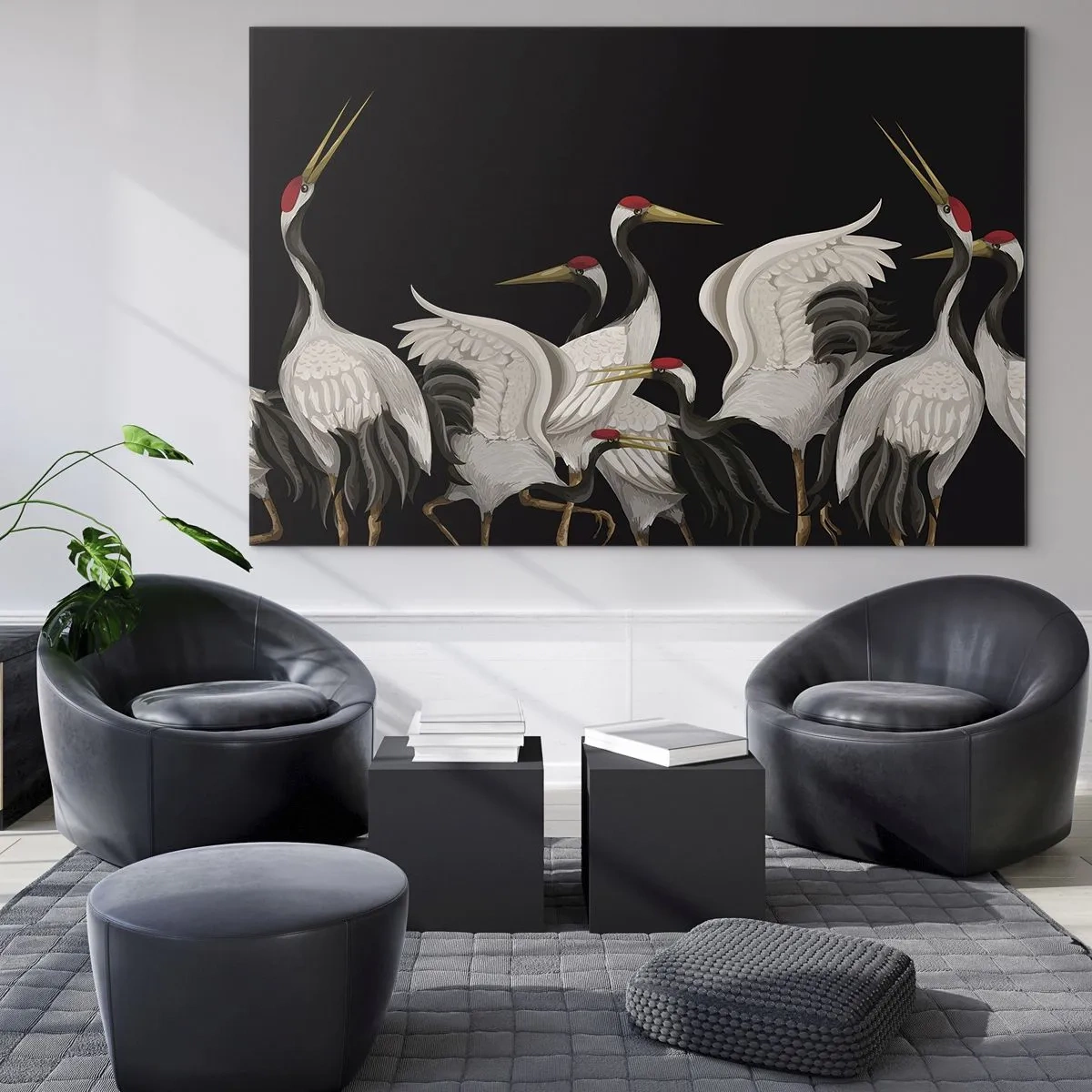 Quadro su vetro - Gru bianche con testa rossa su sfondo nero - 70x50cm - Cose da uccelli - Decorazione murale moderna per soggiorno e camera da letto ARTTOR