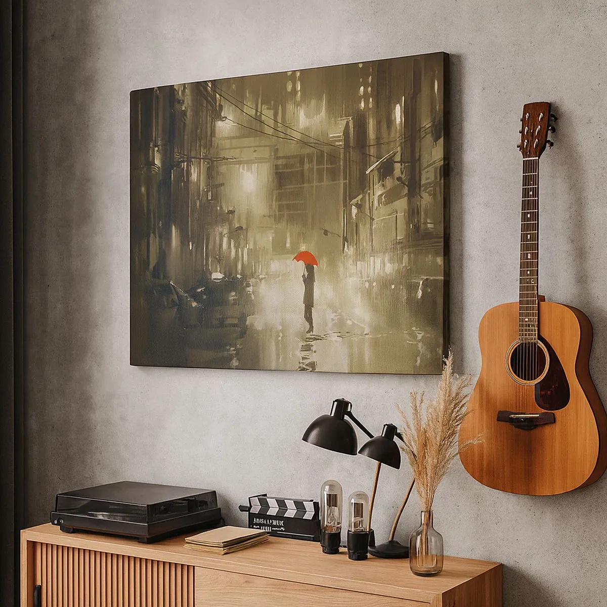 Quadro su tela - Stampe su Tela - Una figura con un ombrello rosso in una città piovosa - 70x50cm - Sola ma non solitaria - Decorazione murale moderna per soggiorno e camera da letto ARTTOR