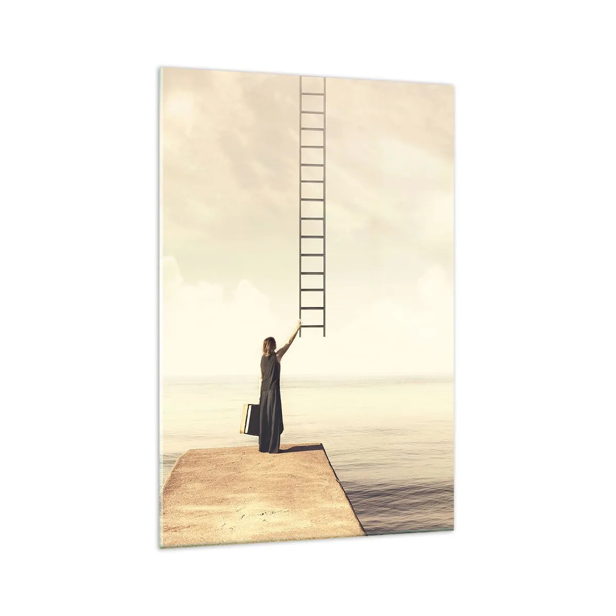 Quadro su vetro - Una donna in piedi su un molo con una scala che porta al cielo - 70x100cm - Viaggio magico - Decorazione murale moderna per soggiorno e camera da letto ARTTOR