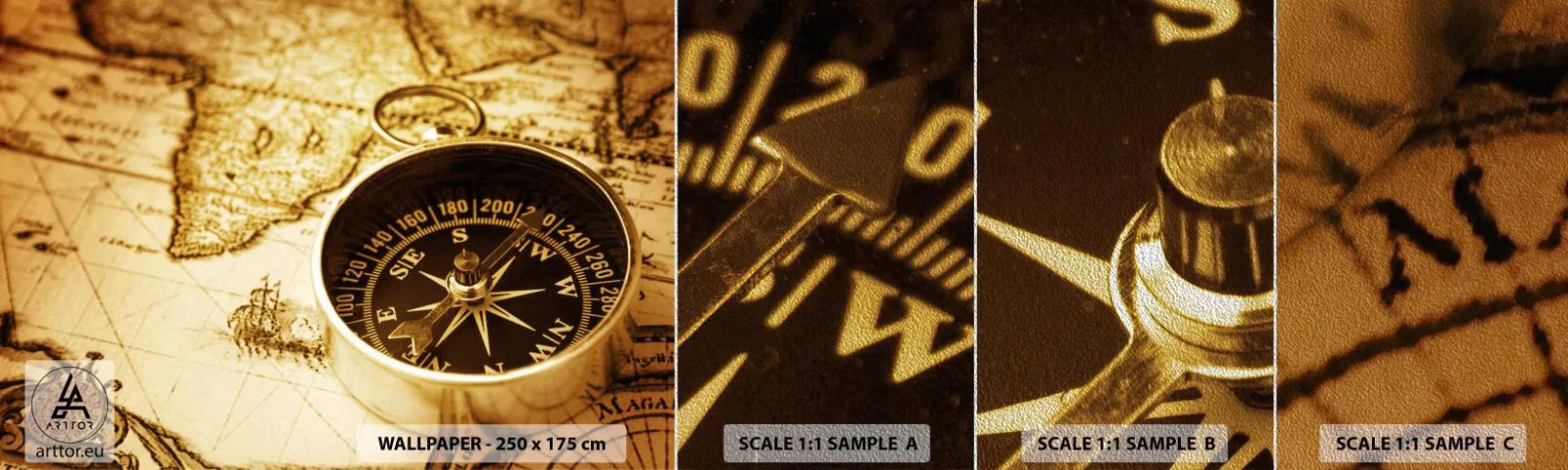 Campione di Fotomurale Premium Sand - A est o a ovest? - Viaggi, Mappe del mondo, Bussola - 100x30 cm