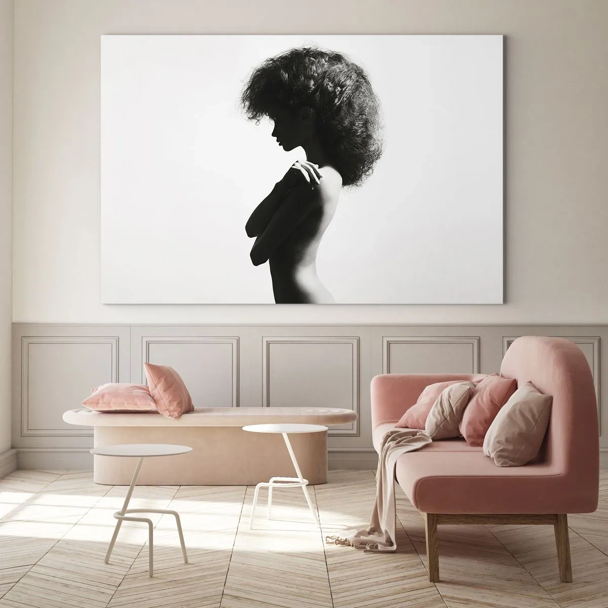 Quadro su vetro - Nudo femminile in luce contrastante in bianco e nero - 70x50cm - Come un fiore su un gambo snello - Decorazione murale moderna per soggiorno e camera da letto ARTTOR