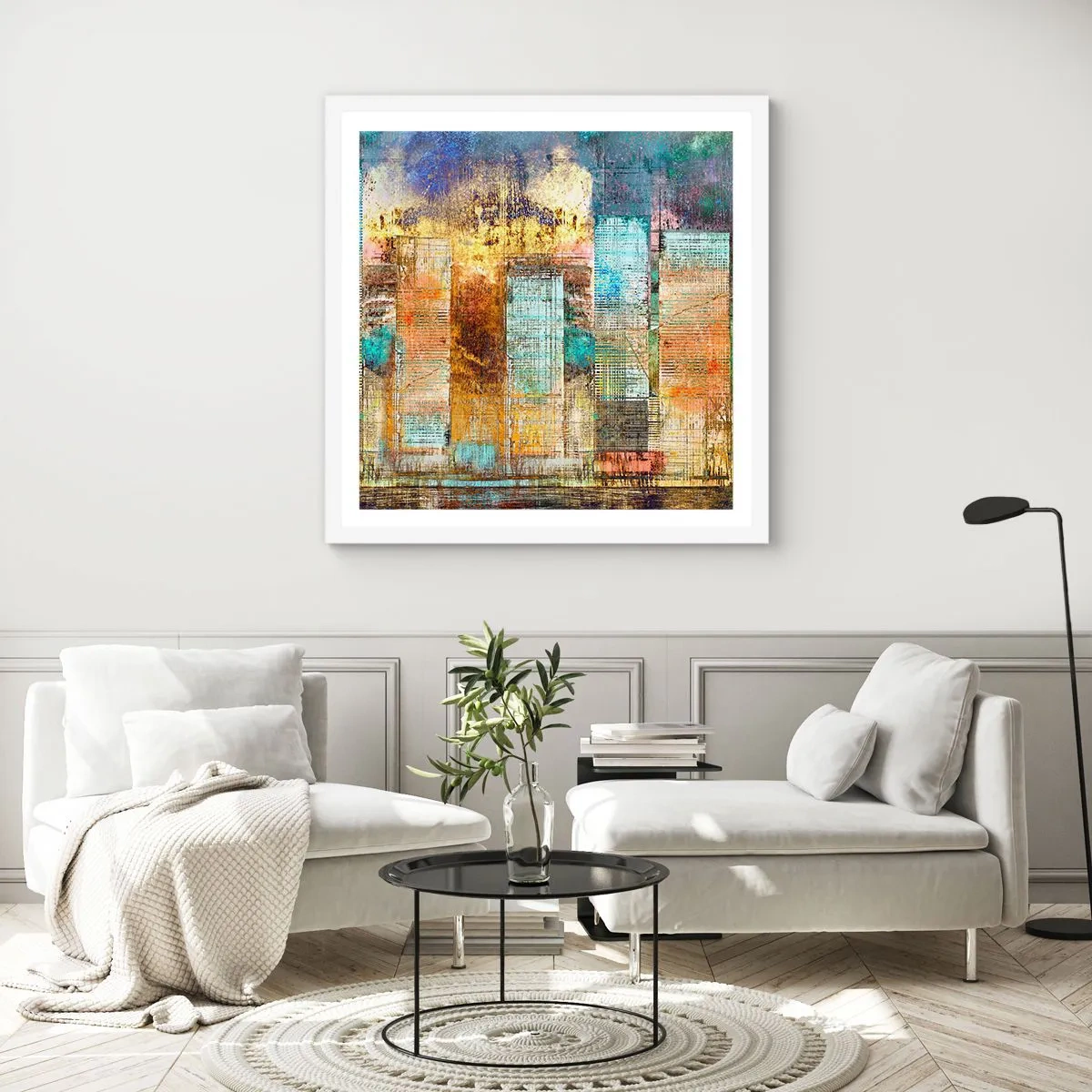 Poster in cornice bianca - Metropoli nel sole - 30x30 cm