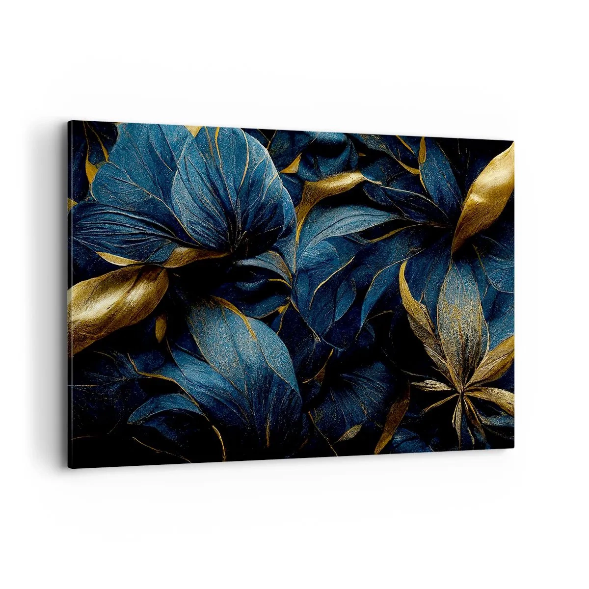 Quadro su tela - Stampe su Tela - Eleganti foglie nei toni dell'oro e del blu navy - 120x80cm - Foderati d'oro - Decorazione murale moderna per soggiorno e camera da letto ARTTOR