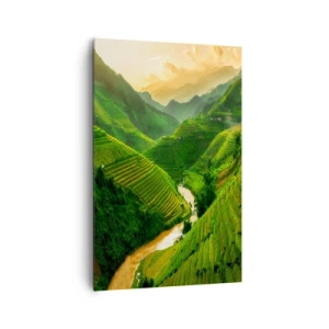 Quadro su tela - Stampe su Tela - Pittoresche terrazze di riso in una valle verde illuminata dal sole al tramonto - 80x120cm - Valle del Vietnam - Decorazione murale moderna per soggiorno e camera da letto ARTTOR