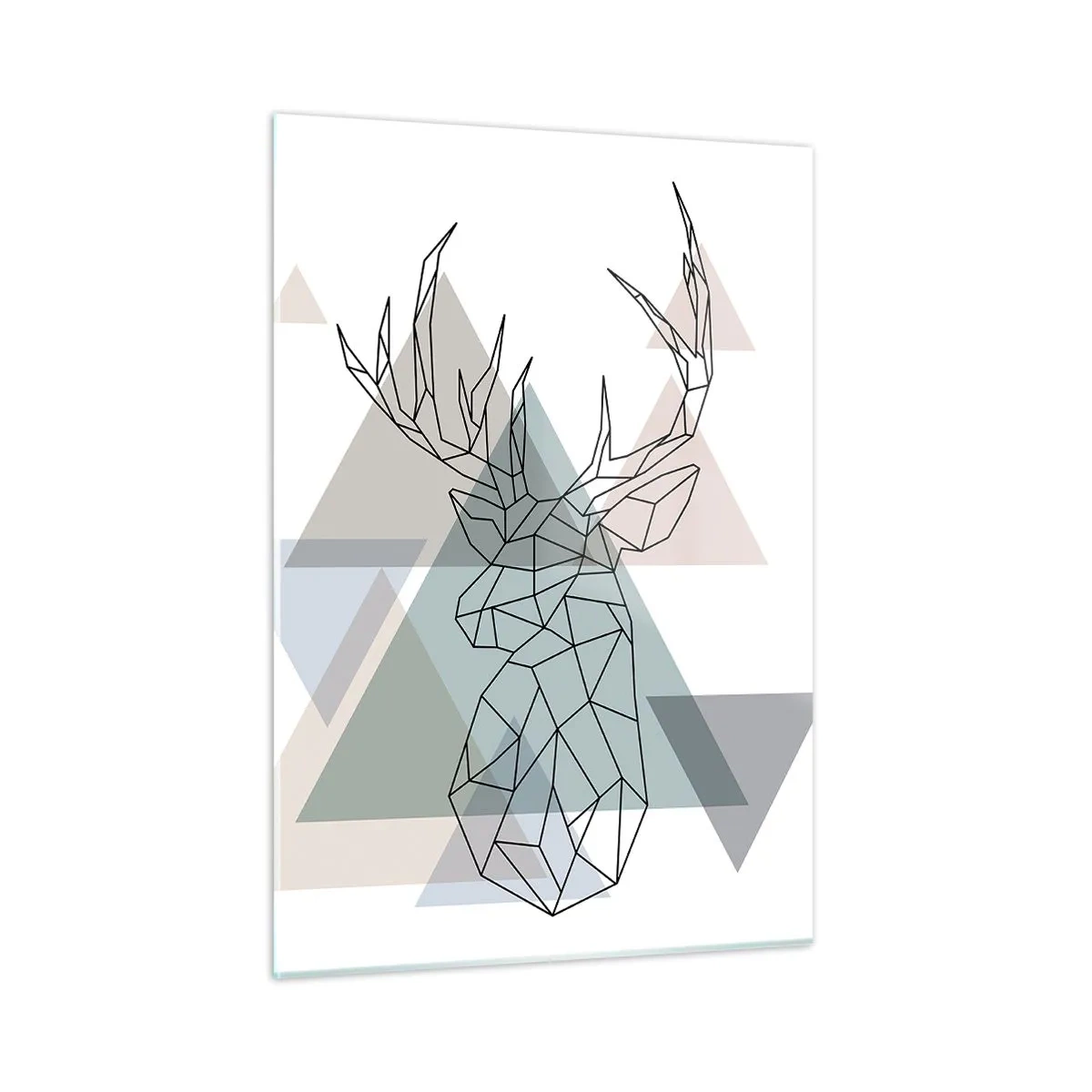 Quadro su vetro - Disegno geometrico di un cervo su uno sfondo di triangoli pastello - 50x70cm - Nel bosco geometrico - Decorazione murale moderna per soggiorno e camera da letto ARTTOR