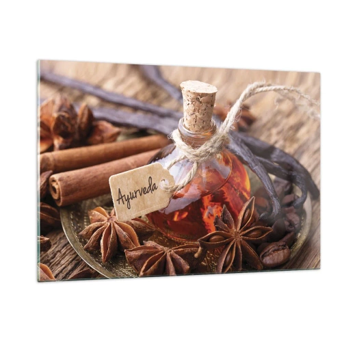 Quadro su vetro - Bottiglia di olio e spezie in stile ayurvedico - 120x80cm - Verso l'unità del corpo e dell'anima - Decorazione murale moderna per soggiorno e camera da letto ARTTOR