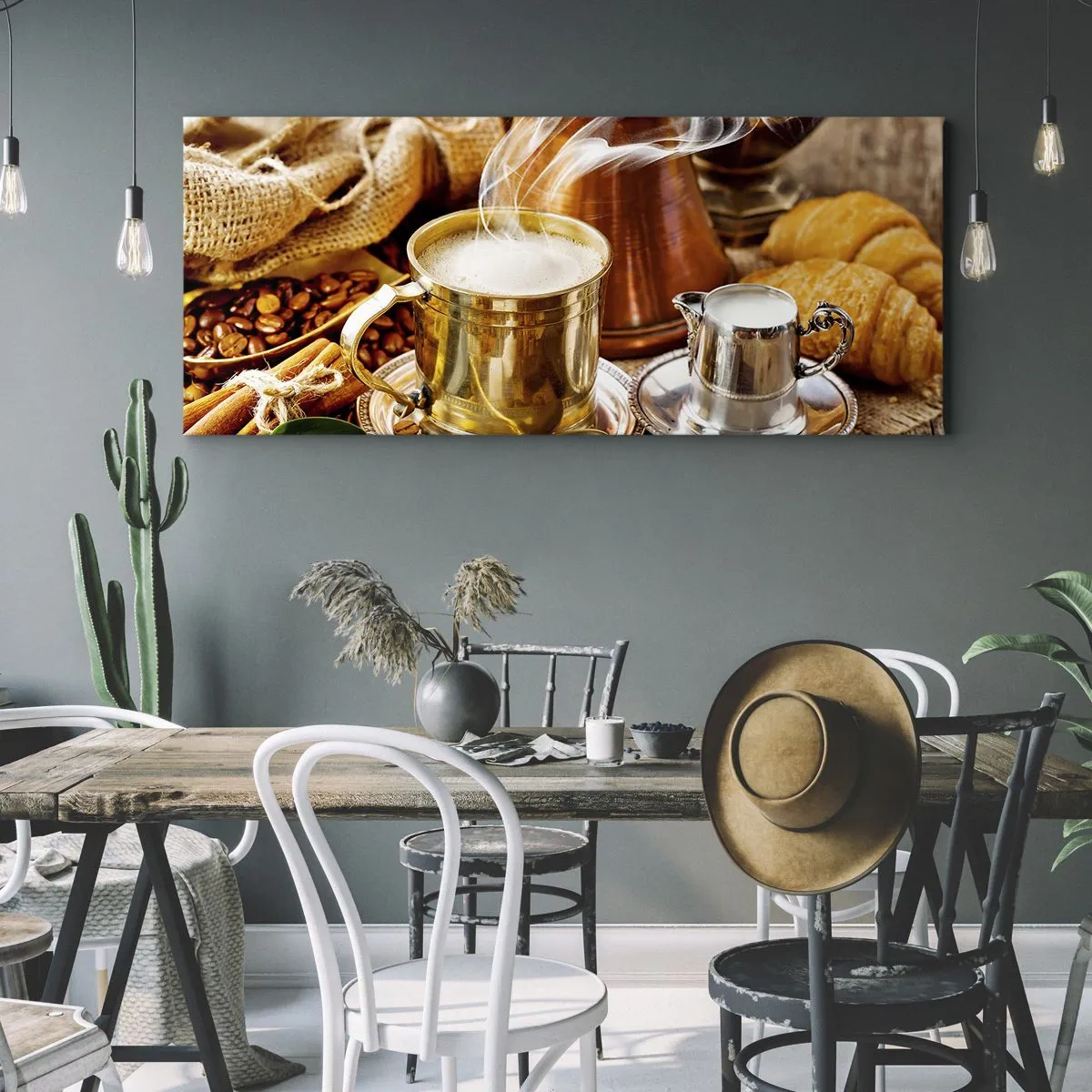 Quadro su tela - Stampe su Tela - Una tazza di caffè dorata circondata da chicchi, brocche e croissant - 120x50cm - Buona giornata! - Decorazione murale moderna per soggiorno e camera da letto ARTTOR