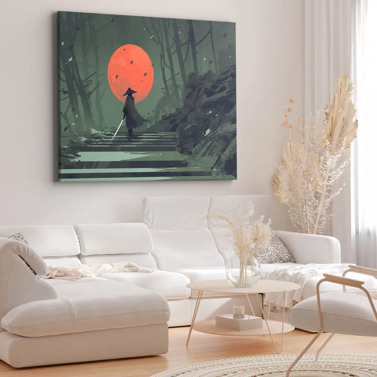 Quadro su tela - Stampe su Tela - Un guerriero solitario con una spada sullo sfondo di una luna rossa in una foresta oscura. - 120x80cm - Il guerriero della luna rossa - Decorazione murale moderna per soggiorno e camera da letto ARTTOR