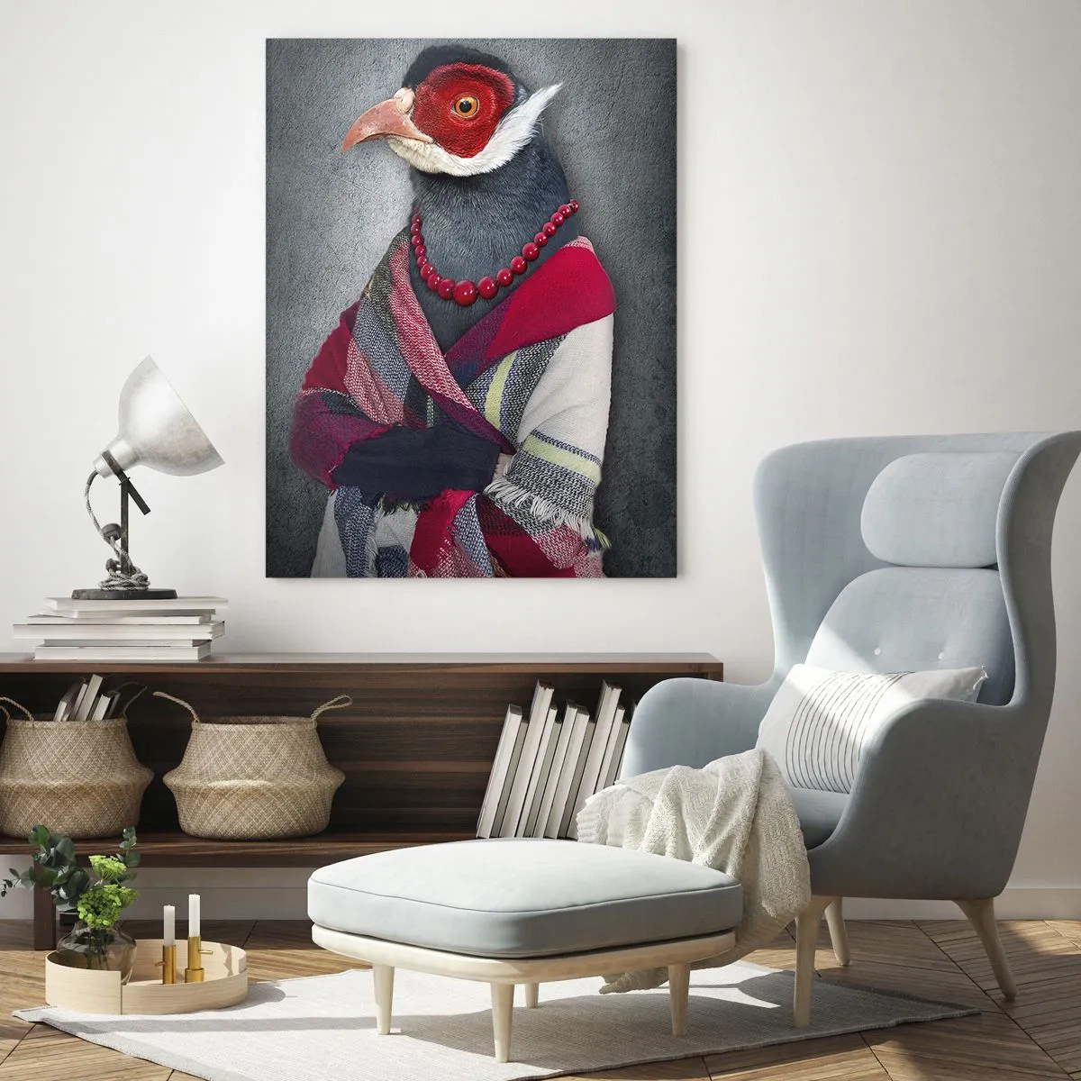 Quadro su vetro - Ritratti stilizzati di un lupo, un fagiano e un leone in abiti eleganti - 80x120cm - Che faccio io qui? - Decorazione murale moderna per soggiorno e camera da letto ARTTOR