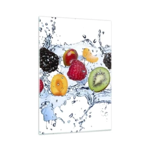 Quadro su vetro - Frutti colorati immersi in schizzi d'acqua su uno sfondo bianco - 70x100cm - Gioca con noi - Decorazione murale moderna per soggiorno e camera da letto ARTTOR