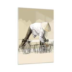 Quadro su vetro - Un'illustrazione minimalista di agricoltori che lavorano - 50x70cm - Buon raccolto - Decorazione murale moderna per soggiorno e camera da letto ARTTOR