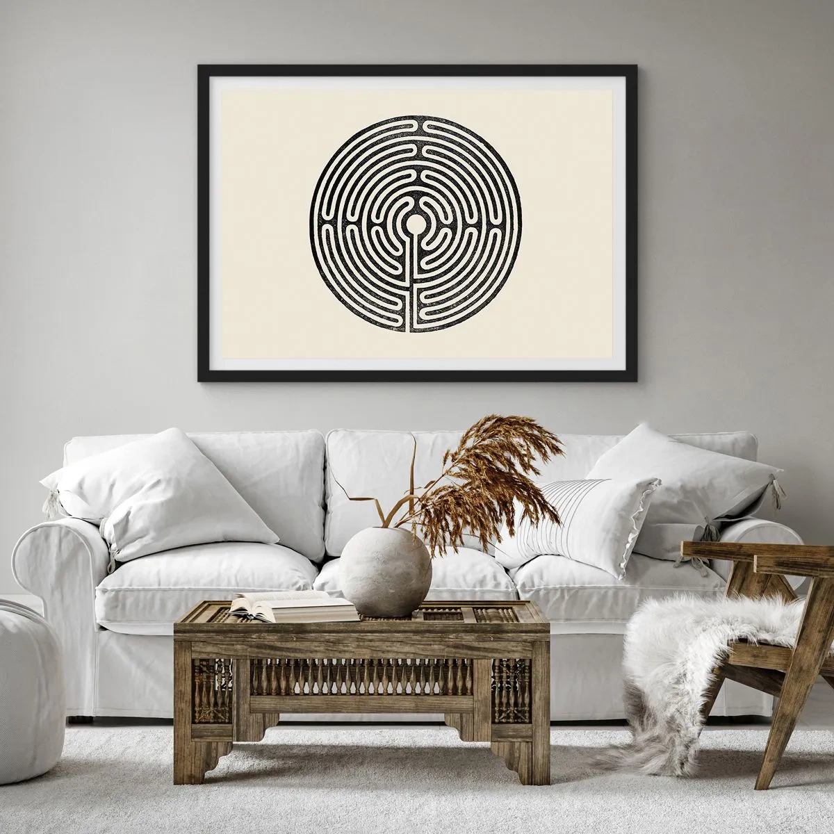 Poster in cornice nera - Labirinto circolare bianco e nero su sfondo chiaro - 70x50cm - Ordine misterioso - Decorazione murale moderna per soggiorno e camera da letto ARTTOR