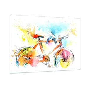 Quadro su vetro - Una bicicletta colorata con uccelli seduti sul manubrio - 100x70cm - In due in bicicletta - Decorazione murale moderna per soggiorno e camera da letto ARTTOR