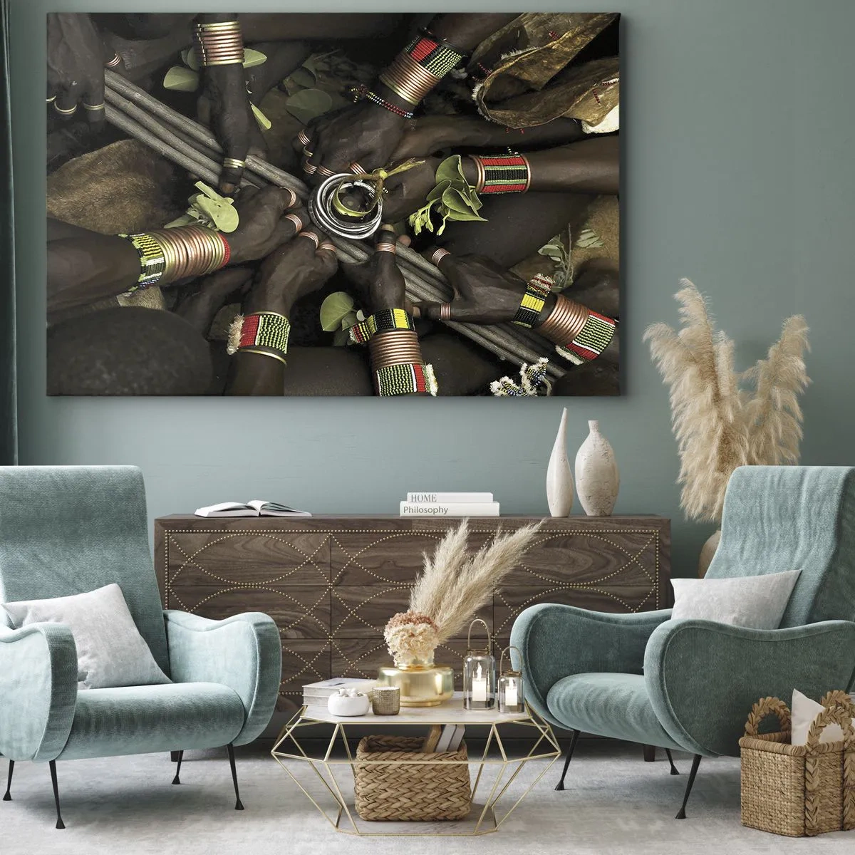 Quadro su tela - Stampe su Tela - Tradizionali braccialetti a mano in un gruppo di mani - 70x50cm - Siamo insieme - Decorazione murale moderna per soggiorno e camera da letto ARTTOR