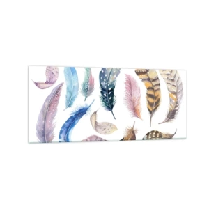 Quadro su vetro - Piume colorate in un delicato stile acquerello - 120x50cm - Leggere, variopinte e multicolori - Decorazione murale moderna per soggiorno e camera da letto ARTTOR