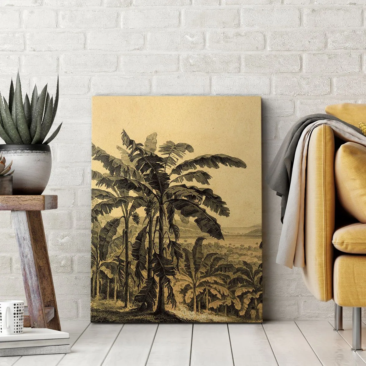 Quadro su tela - Stampe su Tela - Disegno di alberi di banana su uno sfondo di paesaggio tropicale - 50x70cm - Nel clima coloniale - Decorazione murale moderna per soggiorno e camera da letto ARTTOR