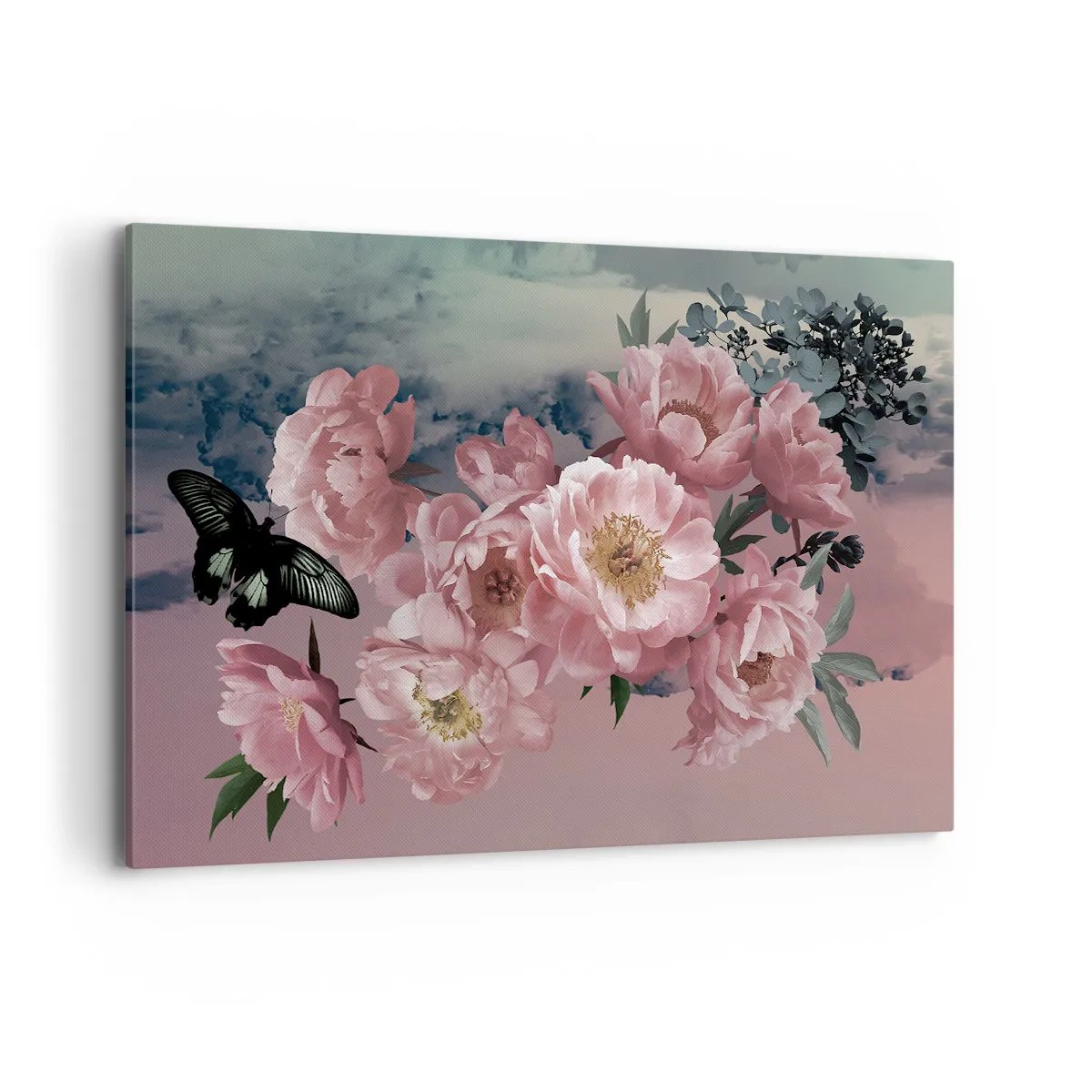Quadro su tela - Stampe su Tela - Peonie rosa con farfalla su sfondo pastello - 120x80cm - L'apice della romanticità - Decorazione murale moderna per soggiorno e camera da letto ARTTOR