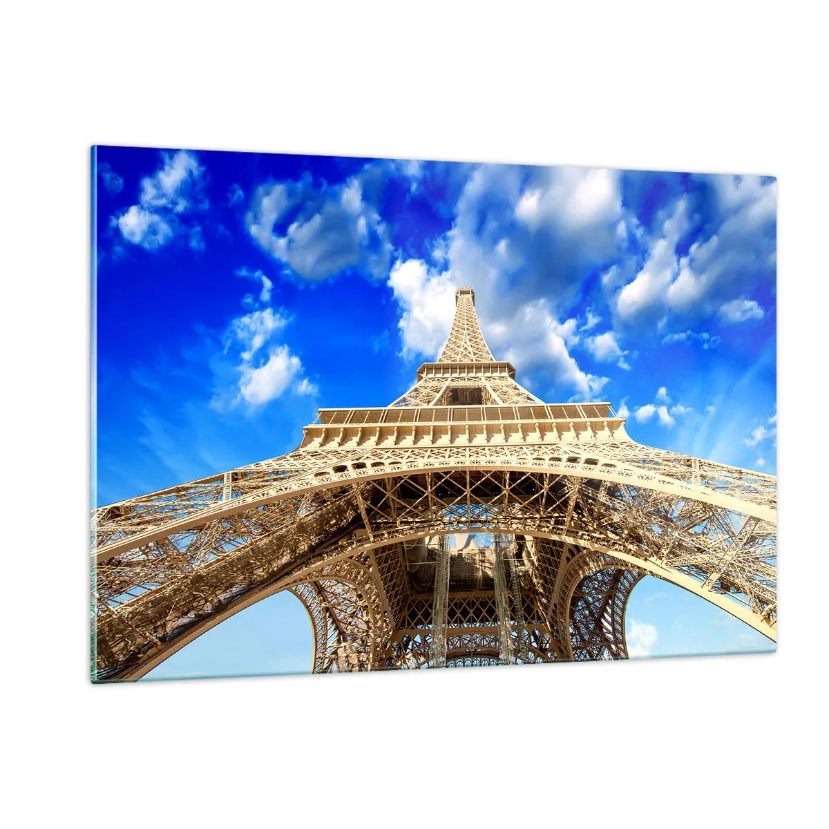 Quadro su vetro - La Torre Eiffel vista dall'alto contro il cielo - 120x80cm - Toccare il cielo e le nuvole - Decorazione murale moderna per soggiorno e camera da letto ARTTOR