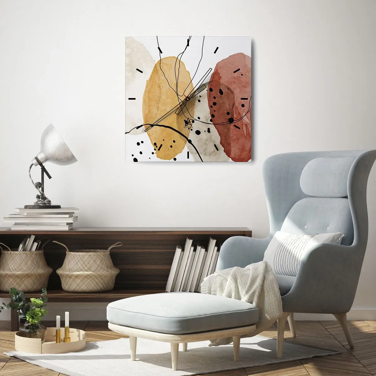 Orologio da parete - Orologio in Vetro - Macchie astratte nei toni del beige, giallo e rosso - 30x30cm - Come aria leggera e trasparente - Decorazione murale moderna per soggiorno e camera da letto ARTTOR