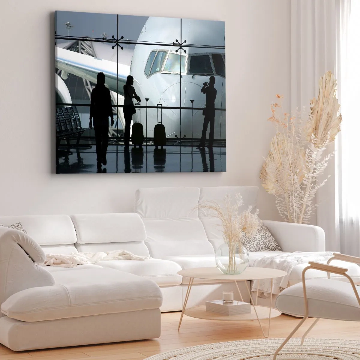 Quadro su tela - Stampe su Tela - Aeroporto con sagome di persone e vista dell'aereo - 100x70cm - Faccia a faccia in aeroporto - Decorazione murale moderna per soggiorno e camera da letto ARTTOR
