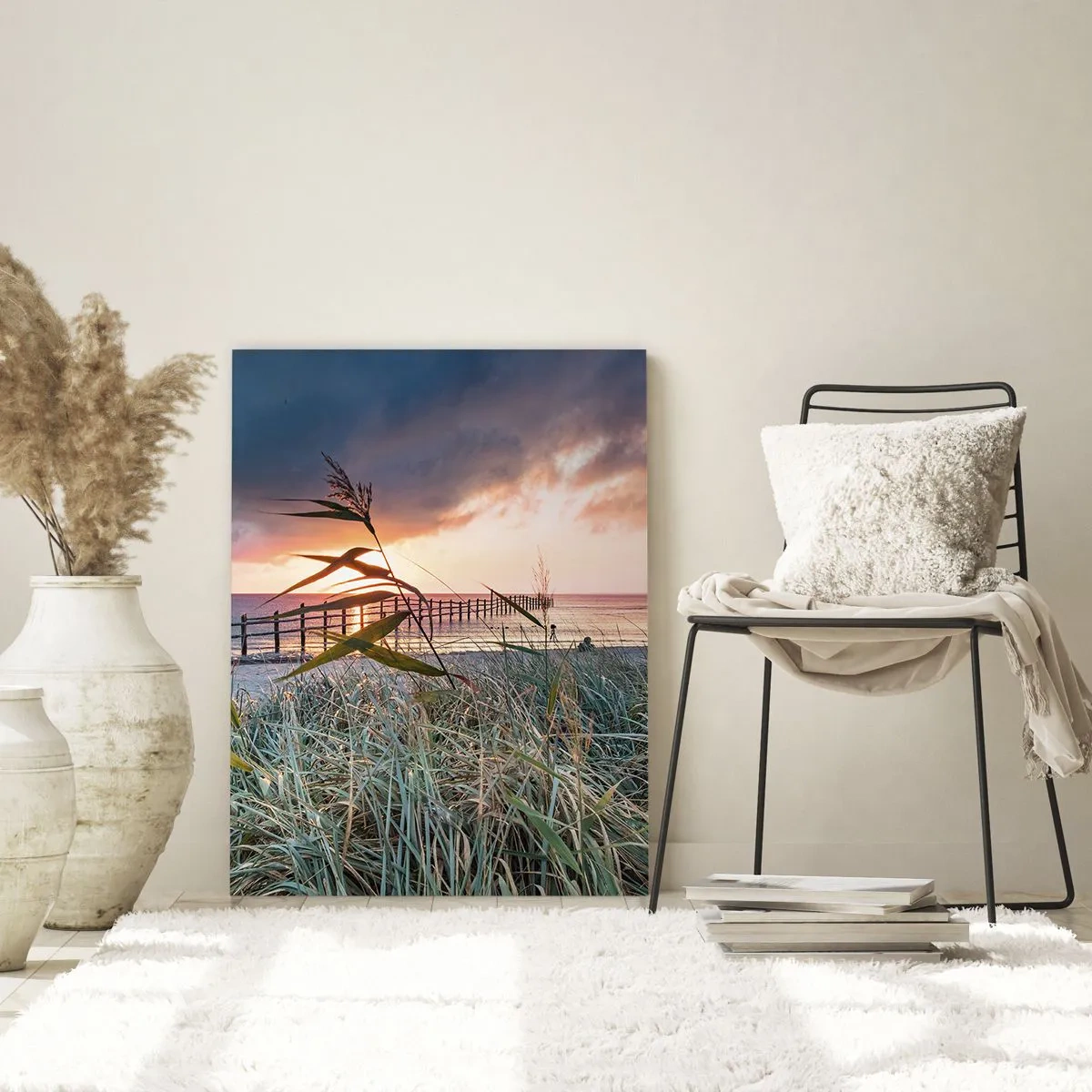 Quadro su vetro - Spiaggia al tramonto con erba in primo piano - 80x120cm - Non andrà via col vento - Decorazione murale moderna per soggiorno e camera da letto ARTTOR