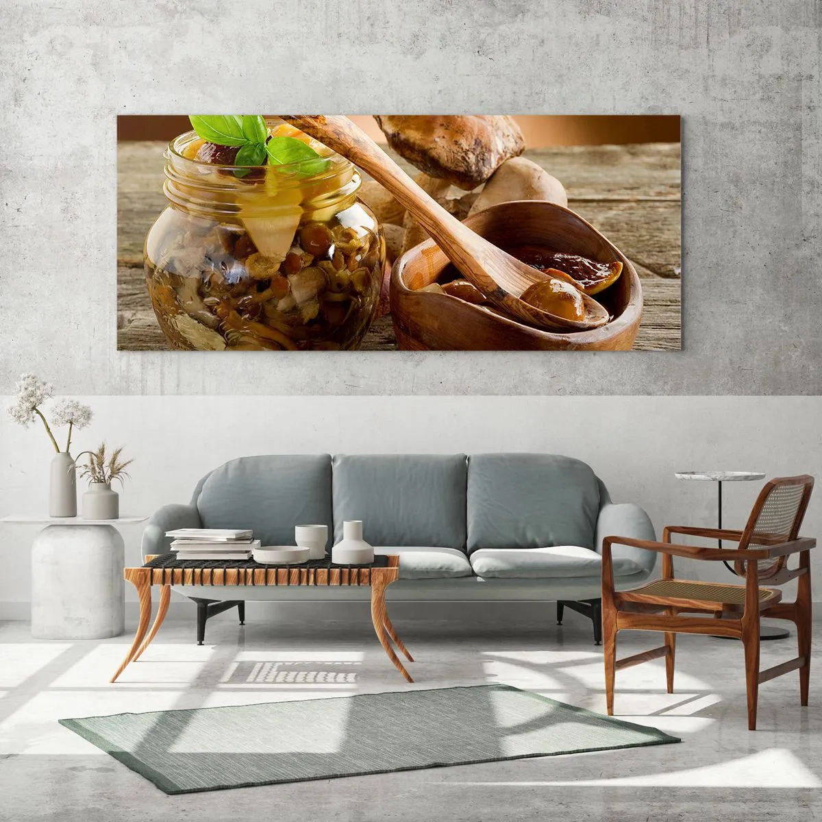 Quadro su vetro - Funghi naturali in un barattolo su un tavolo rustico - 120x50cm - Freschi, conservati, autunnali... - Decorazione murale moderna per soggiorno e camera da letto ARTTOR